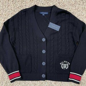 Tommy Hilfiger Women's Cable-Knit Varsity Cardigan Sweater Black, Size Medium